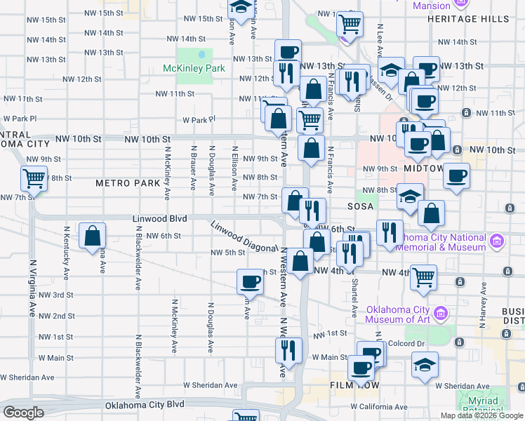 map of restaurants, bars, coffee shops, grocery stores, and more near 1129 Linwood Boulevard in Oklahoma City