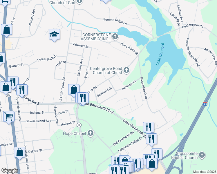 map of restaurants, bars, coffee shops, grocery stores, and more near 2151 Sheffield Drive in Kannapolis