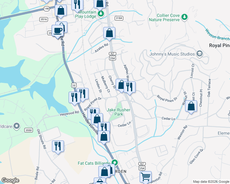 map of restaurants, bars, coffee shops, grocery stores, and more near 76 Mulberry Court in Arden