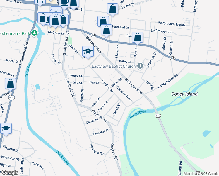 map of restaurants, bars, coffee shops, grocery stores, and more near 335 White Street in Shelbyville