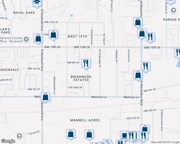 map of restaurants, bars, coffee shops, grocery stores, and more near 800 North Peniel Street in Oklahoma City