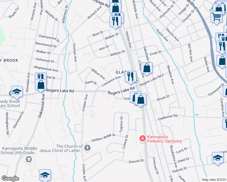 map of restaurants, bars, coffee shops, grocery stores, and more near 324 Rogers Lake Road in Kannapolis