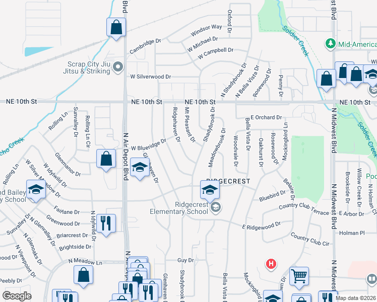 map of restaurants, bars, coffee shops, grocery stores, and more near 3412 Ridgehaven Drive in Midwest City