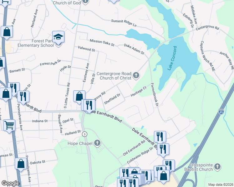 map of restaurants, bars, coffee shops, grocery stores, and more near 2151 Sheffield Drive in Kannapolis