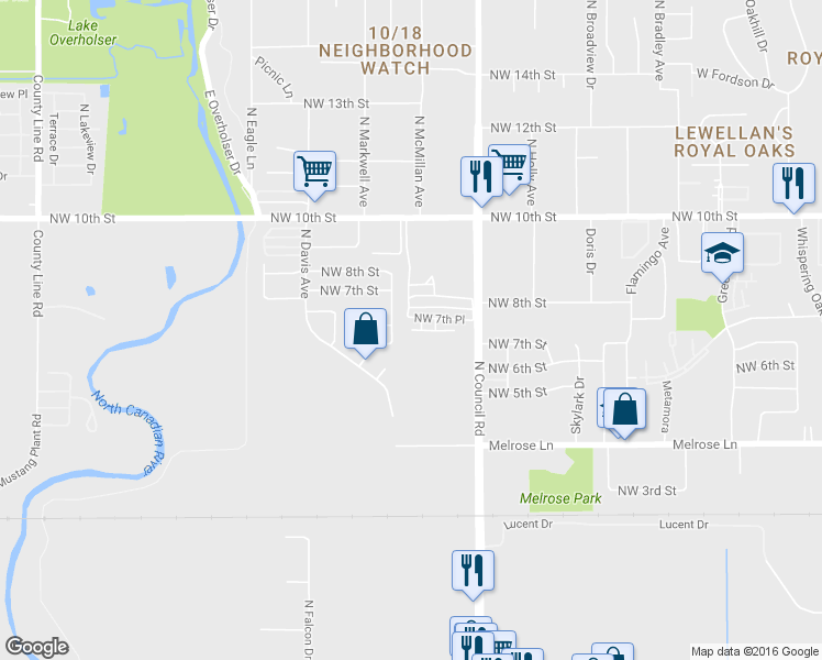 map of restaurants, bars, coffee shops, grocery stores, and more near 8099 Northwest 7th Terrace in Oklahoma City