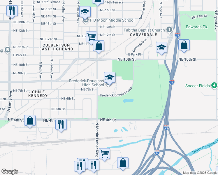 map of restaurants, bars, coffee shops, grocery stores, and more near 900 North Martin Luther King Avenue in Oklahoma City