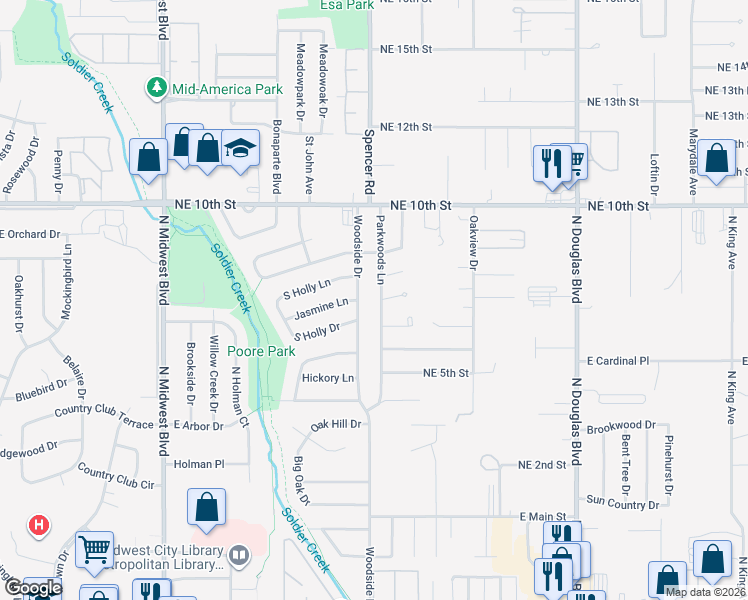 map of restaurants, bars, coffee shops, grocery stores, and more near 3708 Woodside Drive in Midwest City