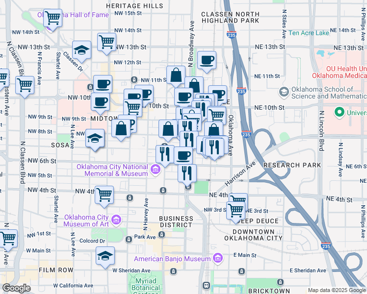 map of restaurants, bars, coffee shops, grocery stores, and more near 110 Northwest 7th Street in Oklahoma City