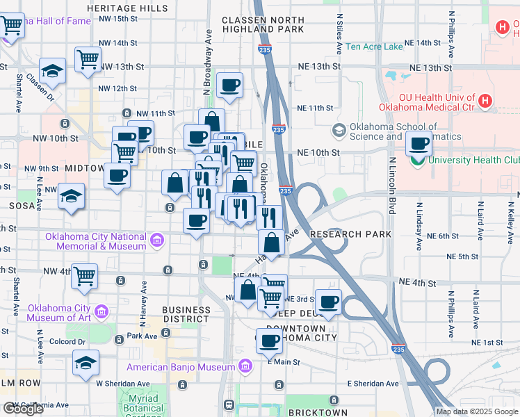 map of restaurants, bars, coffee shops, grocery stores, and more near 800 Oklahoma Avenue in Oklahoma City
