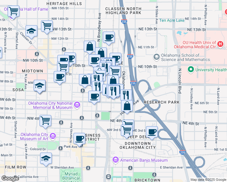map of restaurants, bars, coffee shops, grocery stores, and more near 1 Northeast 7th Street in Oklahoma City