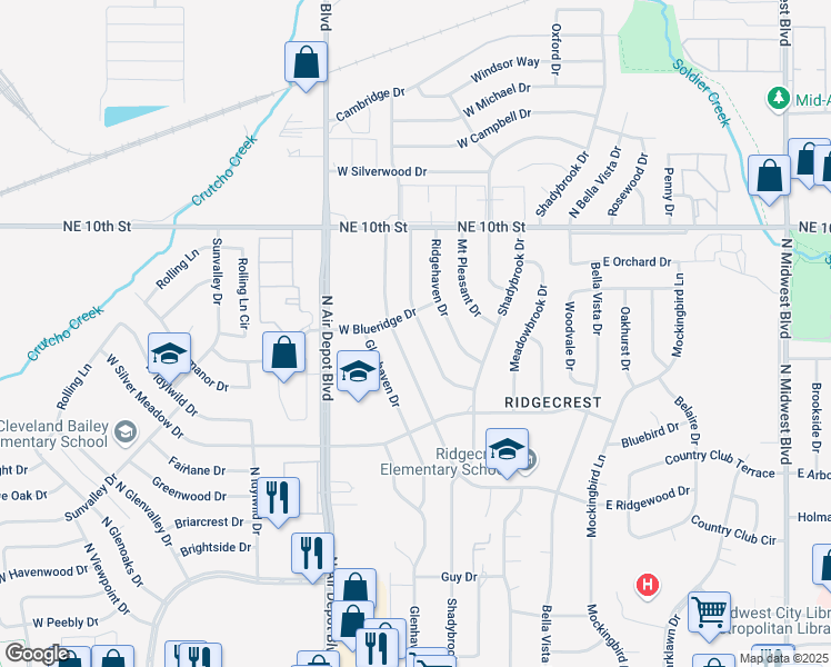 map of restaurants, bars, coffee shops, grocery stores, and more near 3501 Oak Grove Drive in Midwest City
