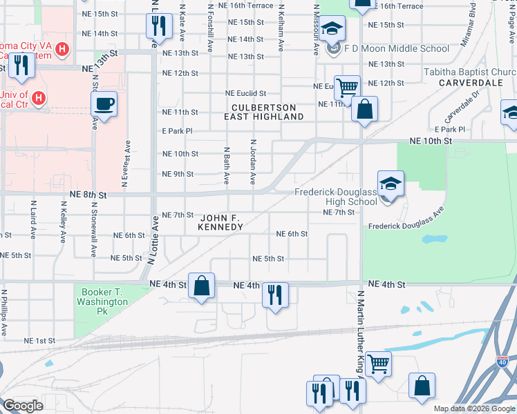 map of restaurants, bars, coffee shops, grocery stores, and more near 1527 Northeast 7th Street in Oklahoma City