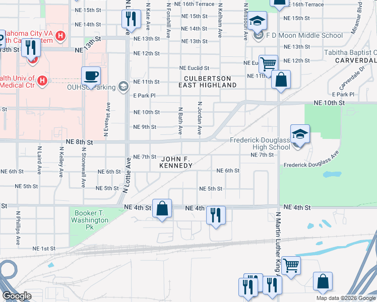 map of restaurants, bars, coffee shops, grocery stores, and more near 1455 Northeast 7th Street in Oklahoma City