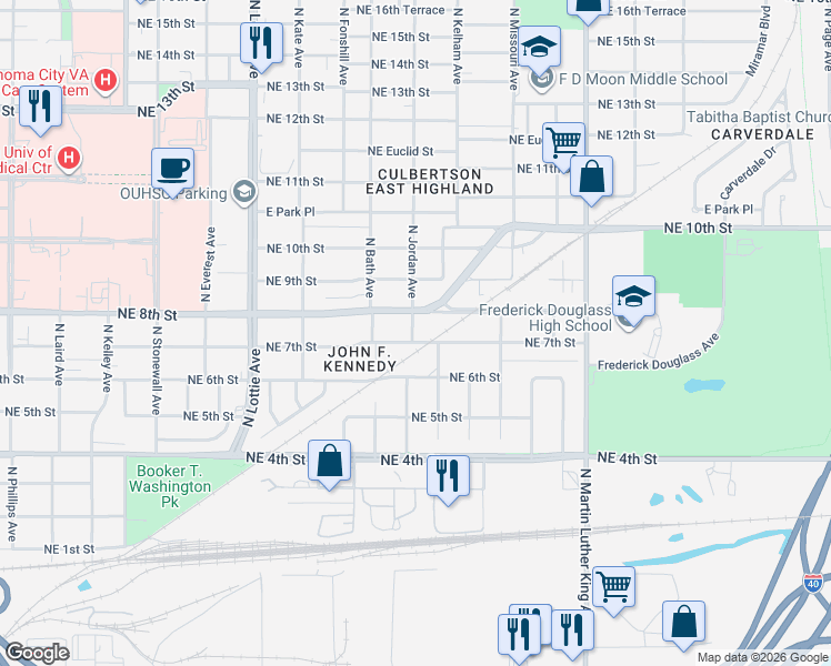 map of restaurants, bars, coffee shops, grocery stores, and more near 1527 Northeast 7th Street in Oklahoma City