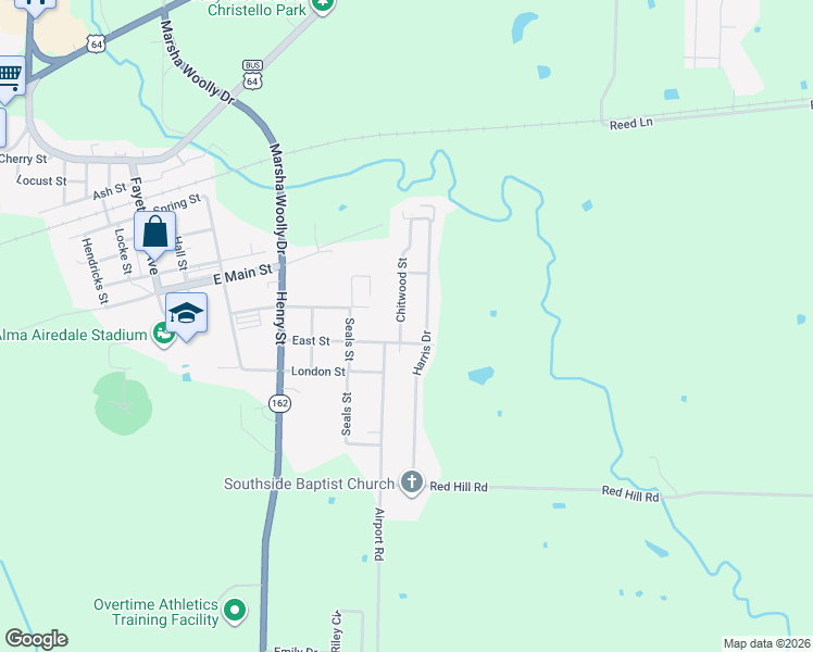 map of restaurants, bars, coffee shops, grocery stores, and more near 1041 Chitwood Street in Alma