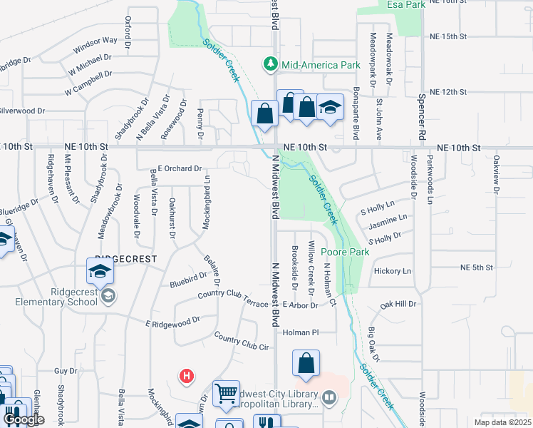 map of restaurants, bars, coffee shops, grocery stores, and more near 907 Leisure Drive in Midwest City