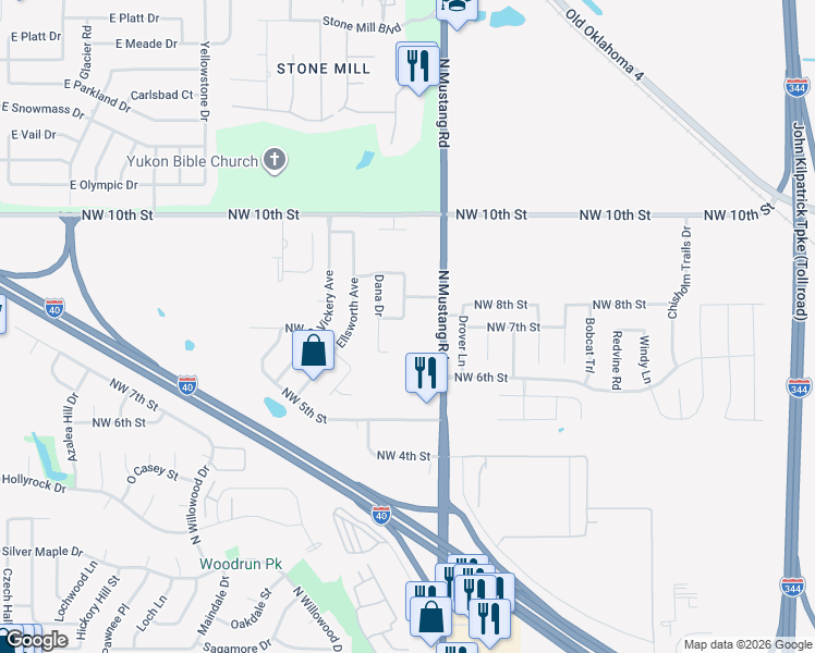 map of restaurants, bars, coffee shops, grocery stores, and more near 11420 Northwest 7th Terrace in Yukon