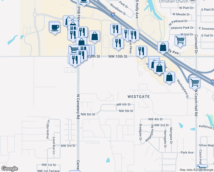 map of restaurants, bars, coffee shops, grocery stores, and more near 620 North Cemetery Road in Yukon