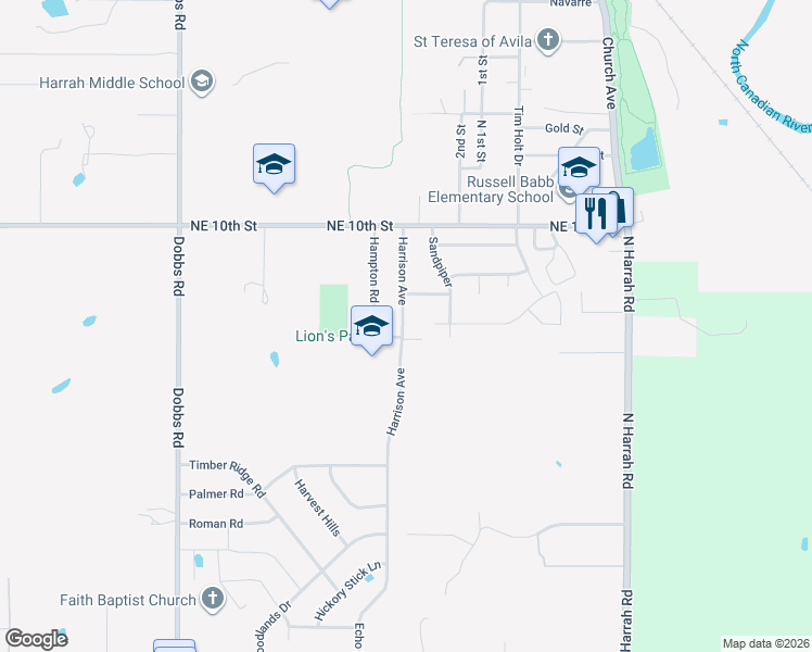 map of restaurants, bars, coffee shops, grocery stores, and more near 839 Harrison Street in Harrah