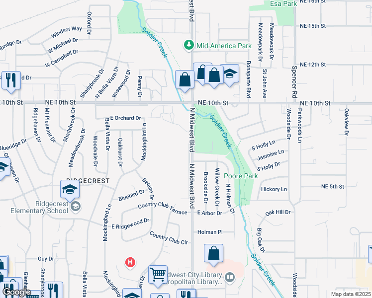 map of restaurants, bars, coffee shops, grocery stores, and more near 915 Leisure Drive in Midwest City
