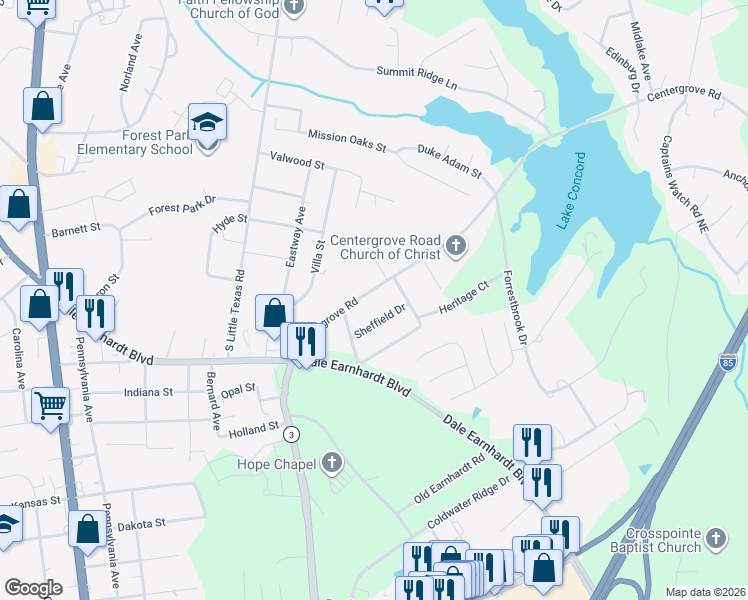 map of restaurants, bars, coffee shops, grocery stores, and more near 2151 Sheffield Drive in Kannapolis