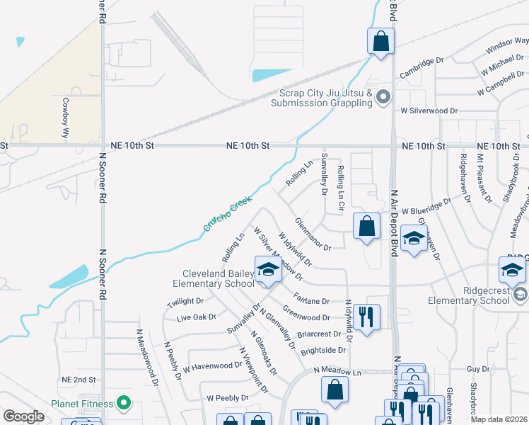 map of restaurants, bars, coffee shops, grocery stores, and more near 3512 Rolling Lane in Midwest City