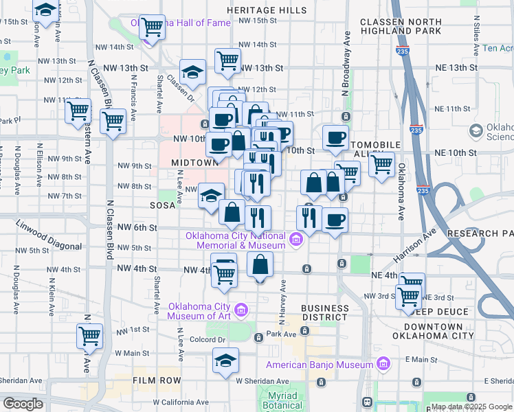 map of restaurants, bars, coffee shops, grocery stores, and more near 723 North Hudson Avenue in Oklahoma City