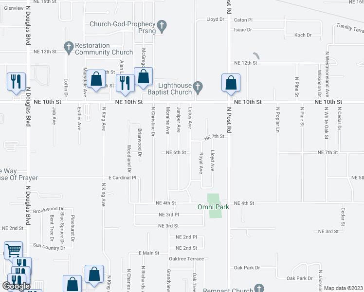 map of restaurants, bars, coffee shops, grocery stores, and more near 708 Juniper Avenue in Midwest City