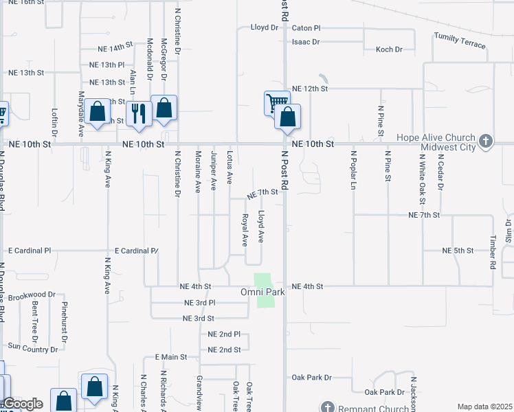 map of restaurants, bars, coffee shops, grocery stores, and more near 721 Lloyd Avenue in Midwest City