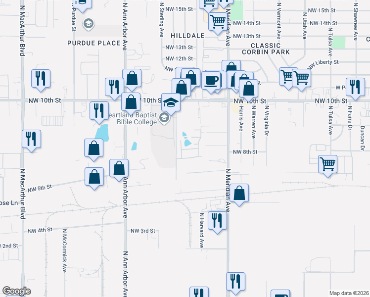 map of restaurants, bars, coffee shops, grocery stores, and more near 4625 Castle Row in Oklahoma City