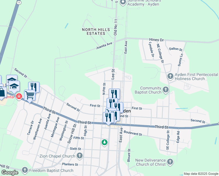 map of restaurants, bars, coffee shops, grocery stores, and more near 309 East Peachtree Street in Ayden
