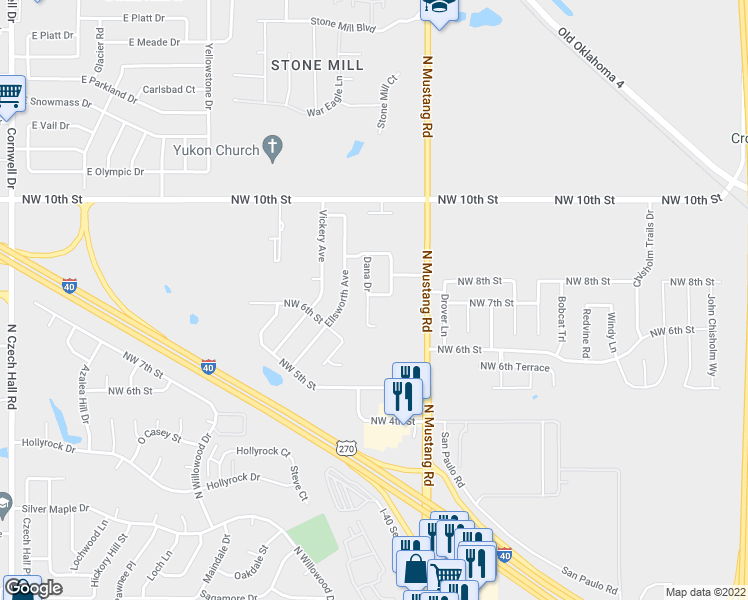 map of restaurants, bars, coffee shops, grocery stores, and more near 704 Dana Drive in Yukon
