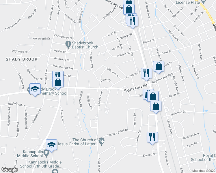 map of restaurants, bars, coffee shops, grocery stores, and more near 496 Rogers Lake Road in Kannapolis