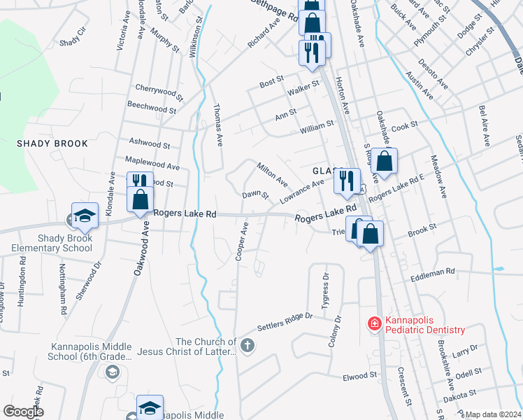 map of restaurants, bars, coffee shops, grocery stores, and more near 500 Rogers Lake Road in Kannapolis