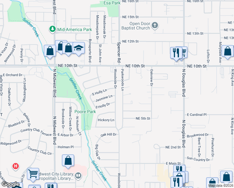 map of restaurants, bars, coffee shops, grocery stores, and more near 3708 Woodside Drive in Midwest City