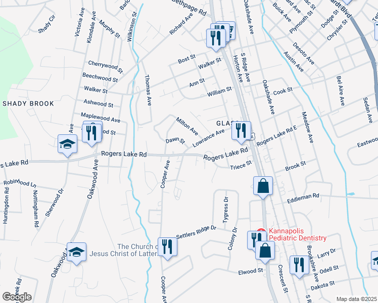 map of restaurants, bars, coffee shops, grocery stores, and more near 466 Rogers Lake Road in Kannapolis