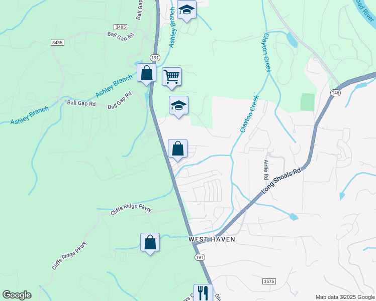 map of restaurants, bars, coffee shops, grocery stores, and more near 500 Park South Boulevard in Arden