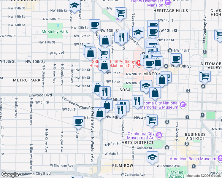map of restaurants, bars, coffee shops, grocery stores, and more near 915 Northwest 7th Street in Oklahoma City