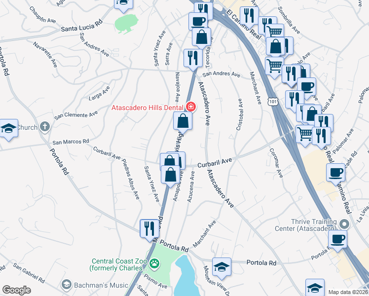 map of restaurants, bars, coffee shops, grocery stores, and more near 8021 Curbaril Avenue in Atascadero