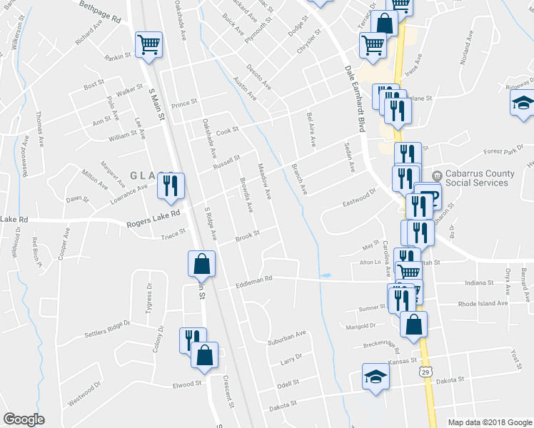 map of restaurants, bars, coffee shops, grocery stores, and more near 317 Brook Street in Kannapolis