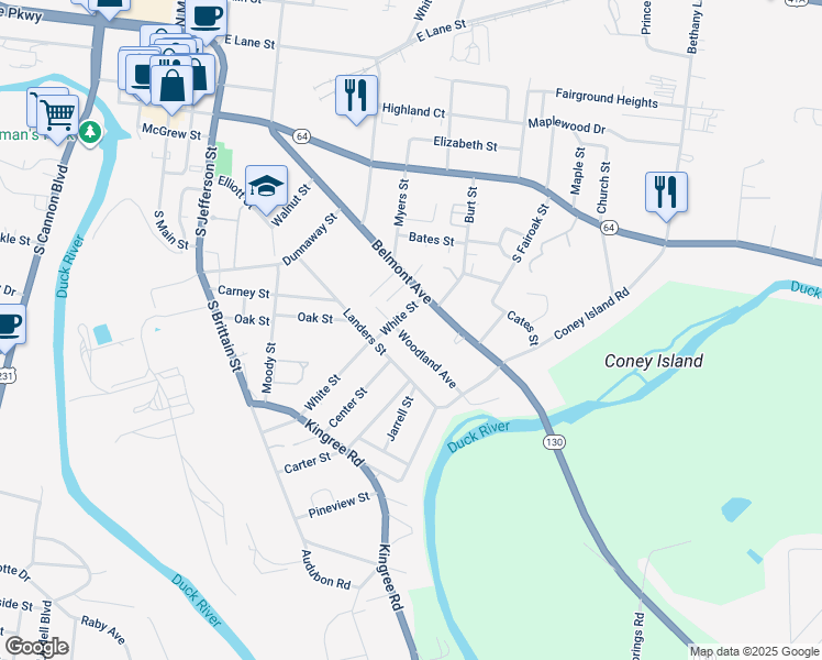 map of restaurants, bars, coffee shops, grocery stores, and more near 906 Woodland Avenue in Shelbyville