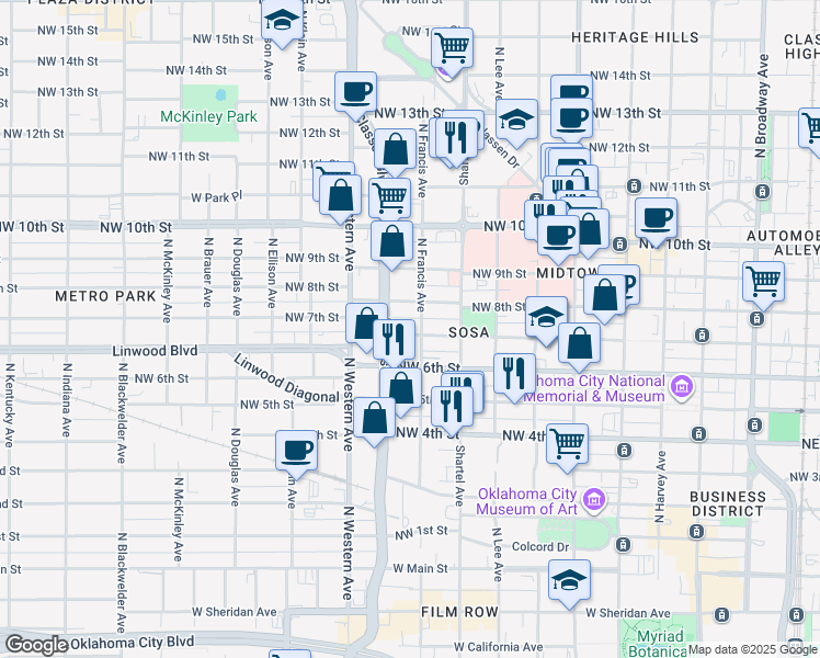 map of restaurants, bars, coffee shops, grocery stores, and more near 832 Northwest 7th Street in Oklahoma City