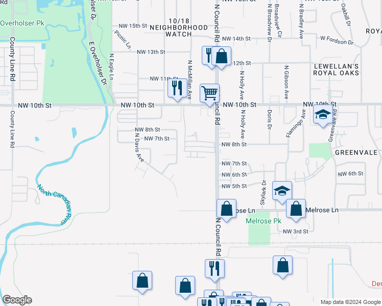 map of restaurants, bars, coffee shops, grocery stores, and more near 701 North Council Road in Oklahoma City