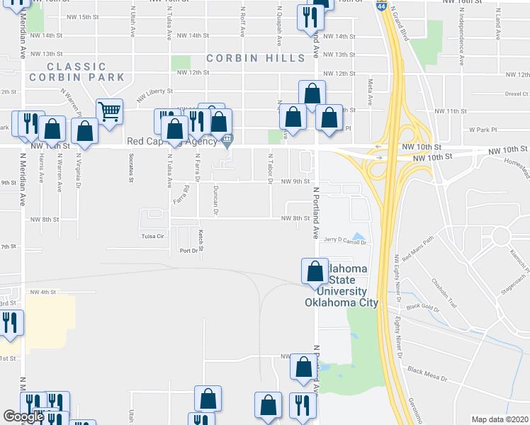 map of restaurants, bars, coffee shops, grocery stores, and more near 905 North Tabor Avenue in Oklahoma City