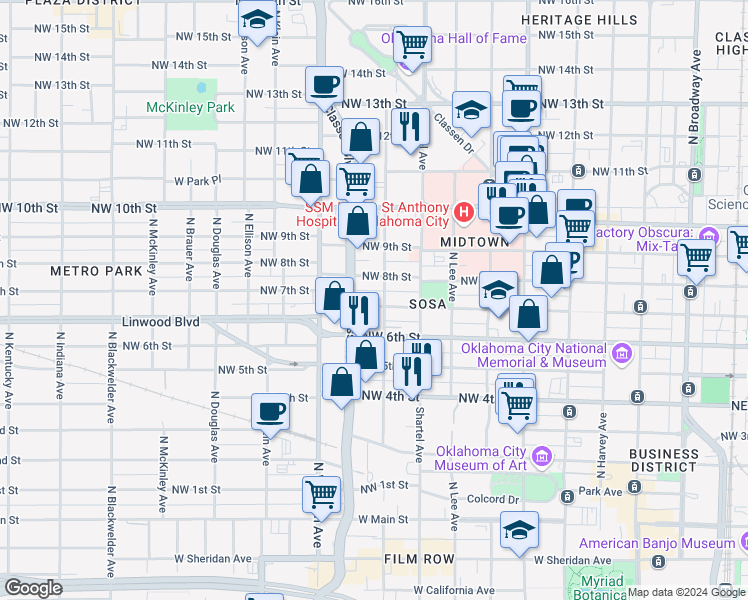 map of restaurants, bars, coffee shops, grocery stores, and more near 931 Northwest 7th Street in Oklahoma City