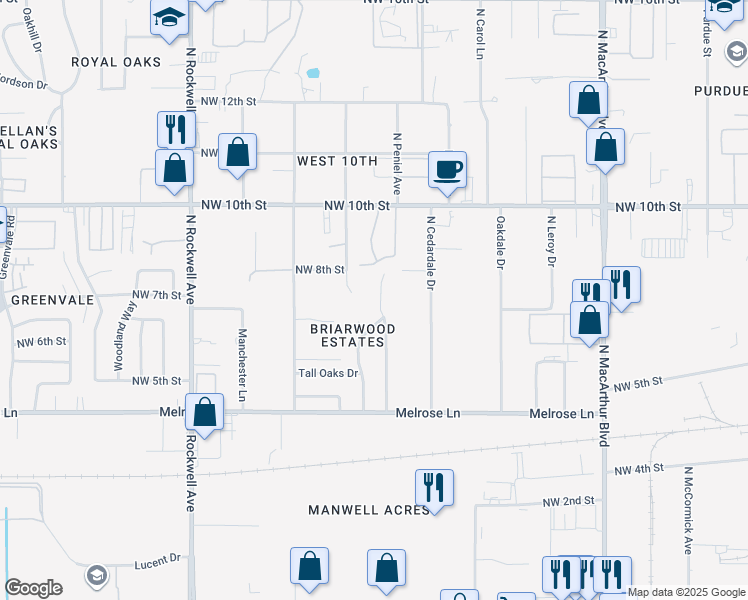 map of restaurants, bars, coffee shops, grocery stores, and more near 741 North Sweetgum Avenue in Oklahoma City