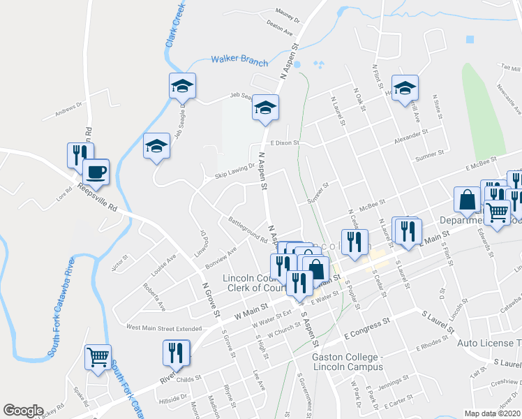 map of restaurants, bars, coffee shops, grocery stores, and more near 509 North Aspen Street in Lincolnton