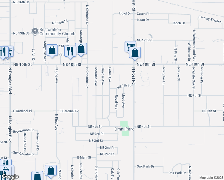 map of restaurants, bars, coffee shops, grocery stores, and more near 705 Royal Avenue in Midwest City