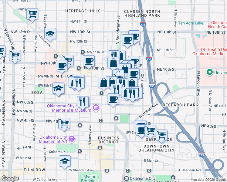 map of restaurants, bars, coffee shops, grocery stores, and more near 110 Northwest 7th Street in Oklahoma City