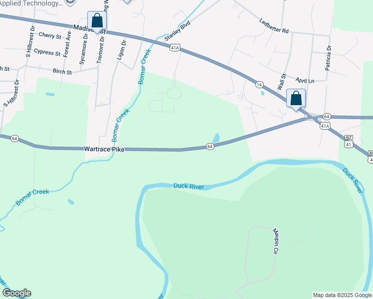 map of restaurants, bars, coffee shops, grocery stores, and more near Wartrace Pike in Shelbyville